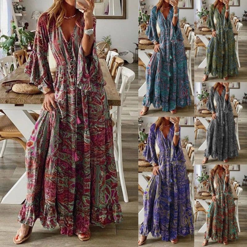 image-Bohemian V-Neck Trumpet Sleeve Holiday Dress Floral Long Skirt - 2023