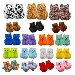 image-Cartoon Bear Plush Slippers - Large, South Korean Velvet, Dark Teddy Bear Shoes