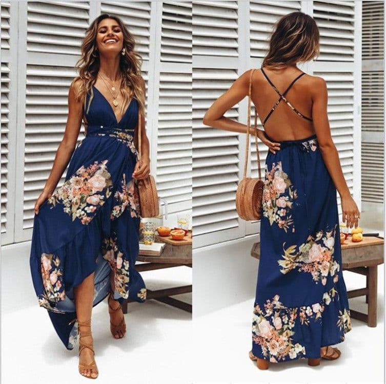image-Yisa Meier Women's Printed Sling Halter Beach Dress Black XL