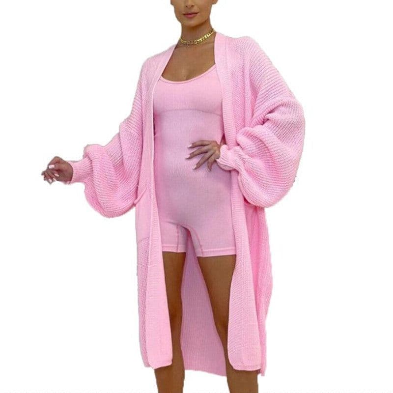 image-Women's Cardigan Sweater - Deep Pink Lantern Sleeve
