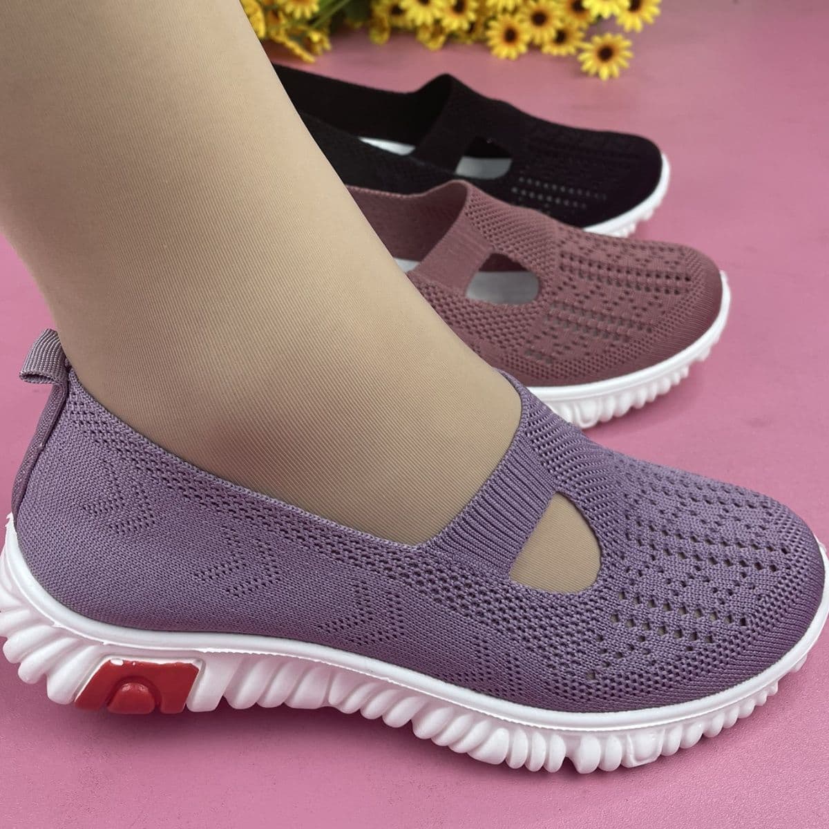 image-Women's Loafers Mesh Flat Heel Pink Size 41 Casual