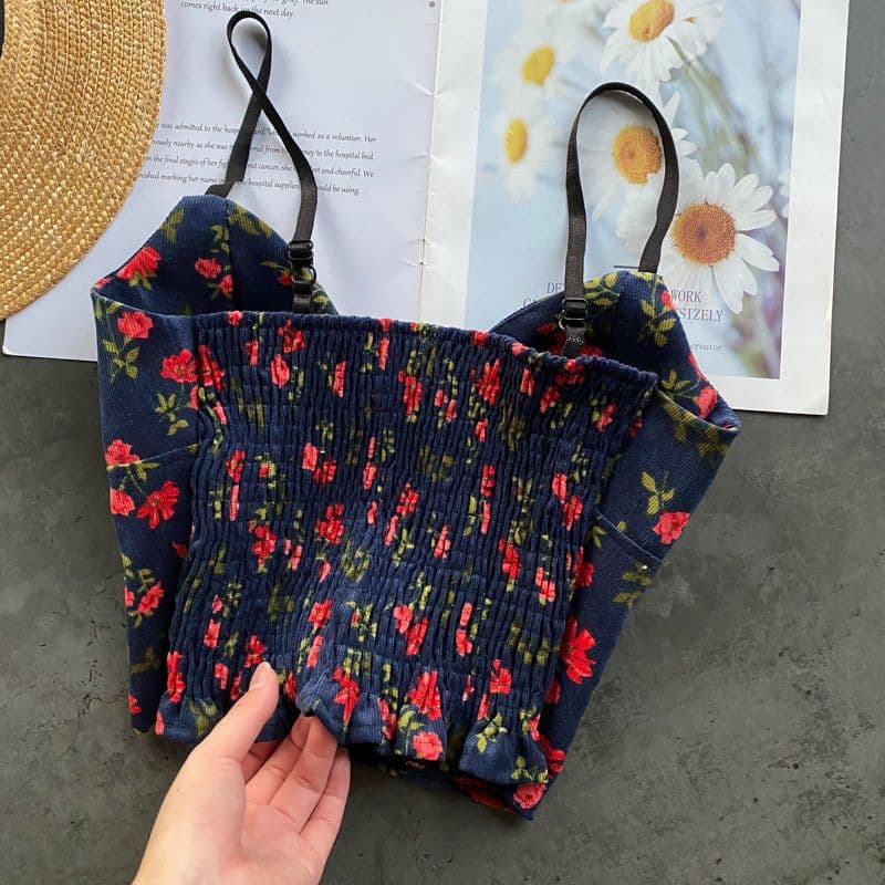 image-Corduroy Camisole Women's V-Neck Short Top - Red Floral