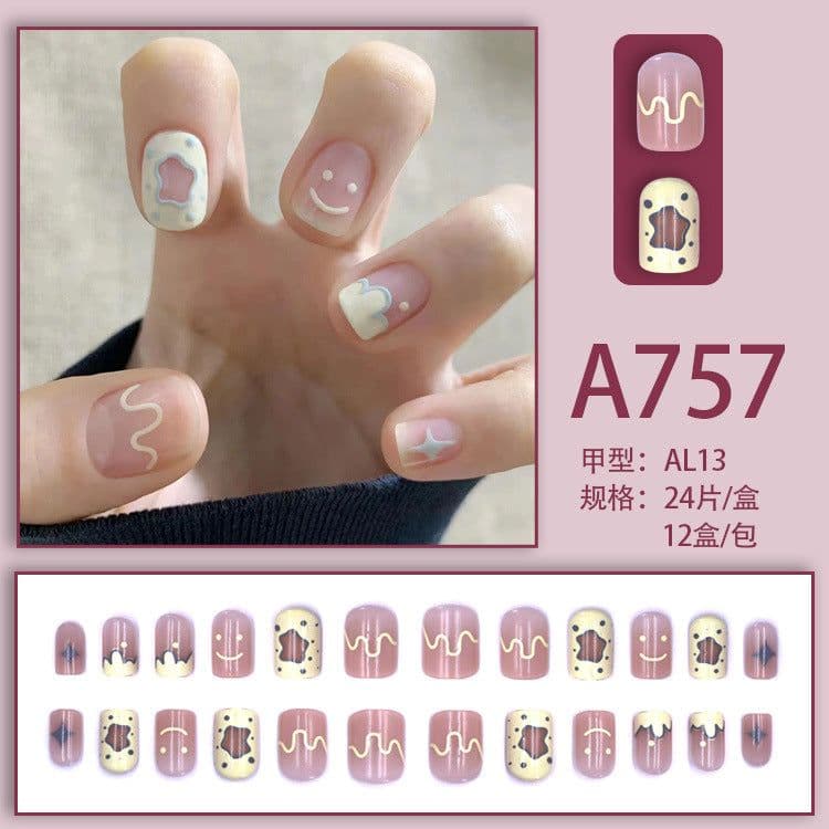 image-Fresh French flowers, cute ins wind, ice and transparent stars, long style, short style, white, high-end manicure and wearable nails