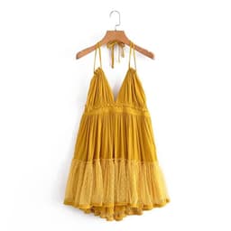 image-Foreign Trade 2022 Summer New European and American V-neck Waist Slim Hem Mesh Stitching Backless Suspender Dress Women