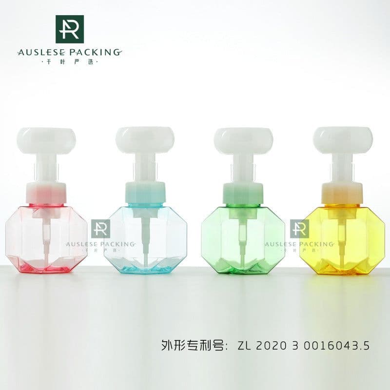 image-PetG Foam Sanitizer Bottle 300ml Flower Shape - Transparent Cosmetic Packaging