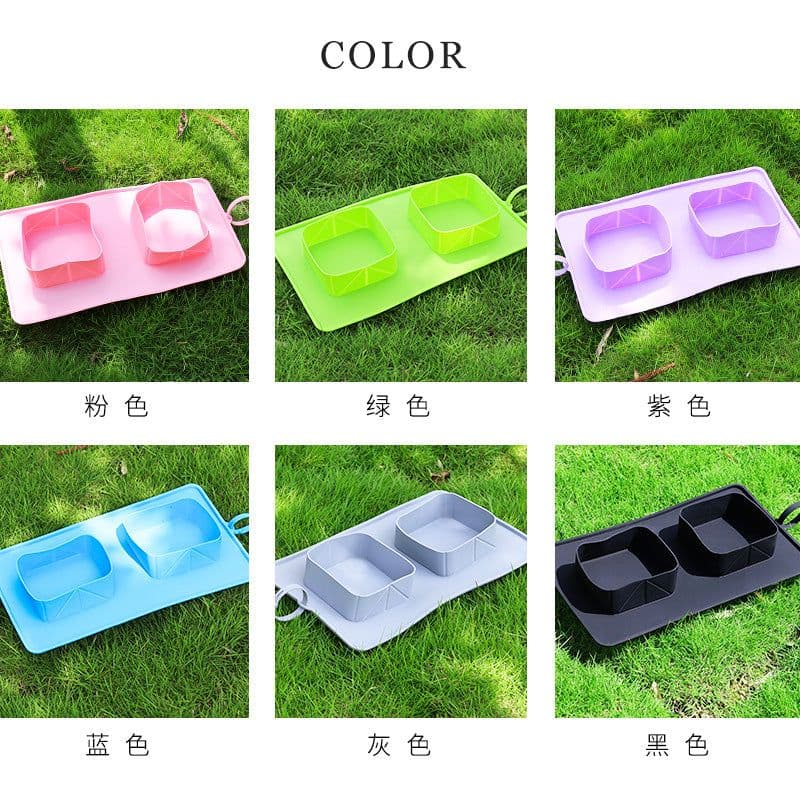 image-Pet Bowl Silicone Folding Dog Double Bowl Grey Non-Slip Portable Outdoor
