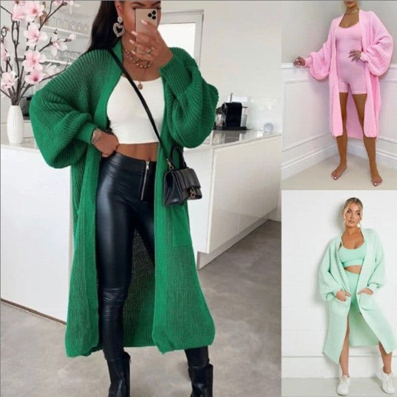 image-Women's Cardigan Sweater - Deep Pink Lantern Sleeve