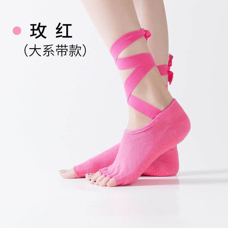 image-Lace-up Five-Finger Yoga Socks - Black Cotton