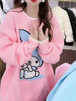 image-Women's Rabbit Knit Sweater - White Loose Fit POLO Collar