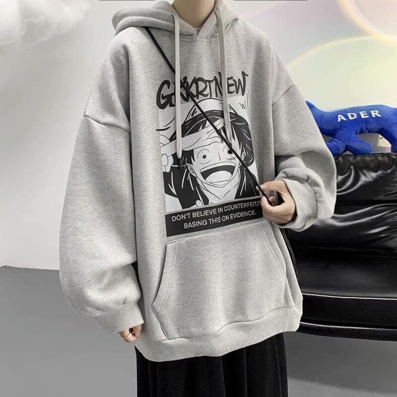 image-One Piece Pullover Hoodie - Men's Fleece Gray Loose Fit