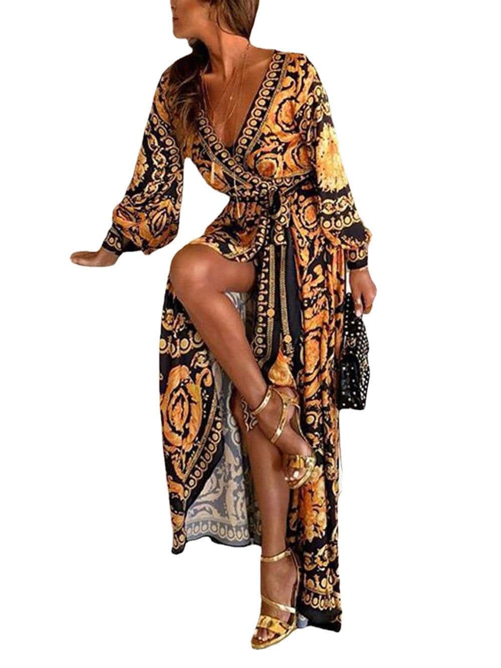 image-V-Neck Printed A-Line Dress - Long Sleeve Casual XXXL