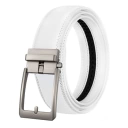 image-Men's Genuine Leather Plaid Snap Belt - Grey, 130cm Automatic Buckle
