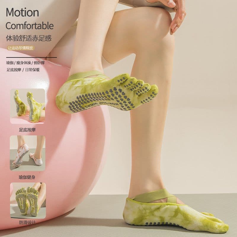 image-Women's Tie-Dye Five-Toe Yoga Socks - Non-Slip Cotton
