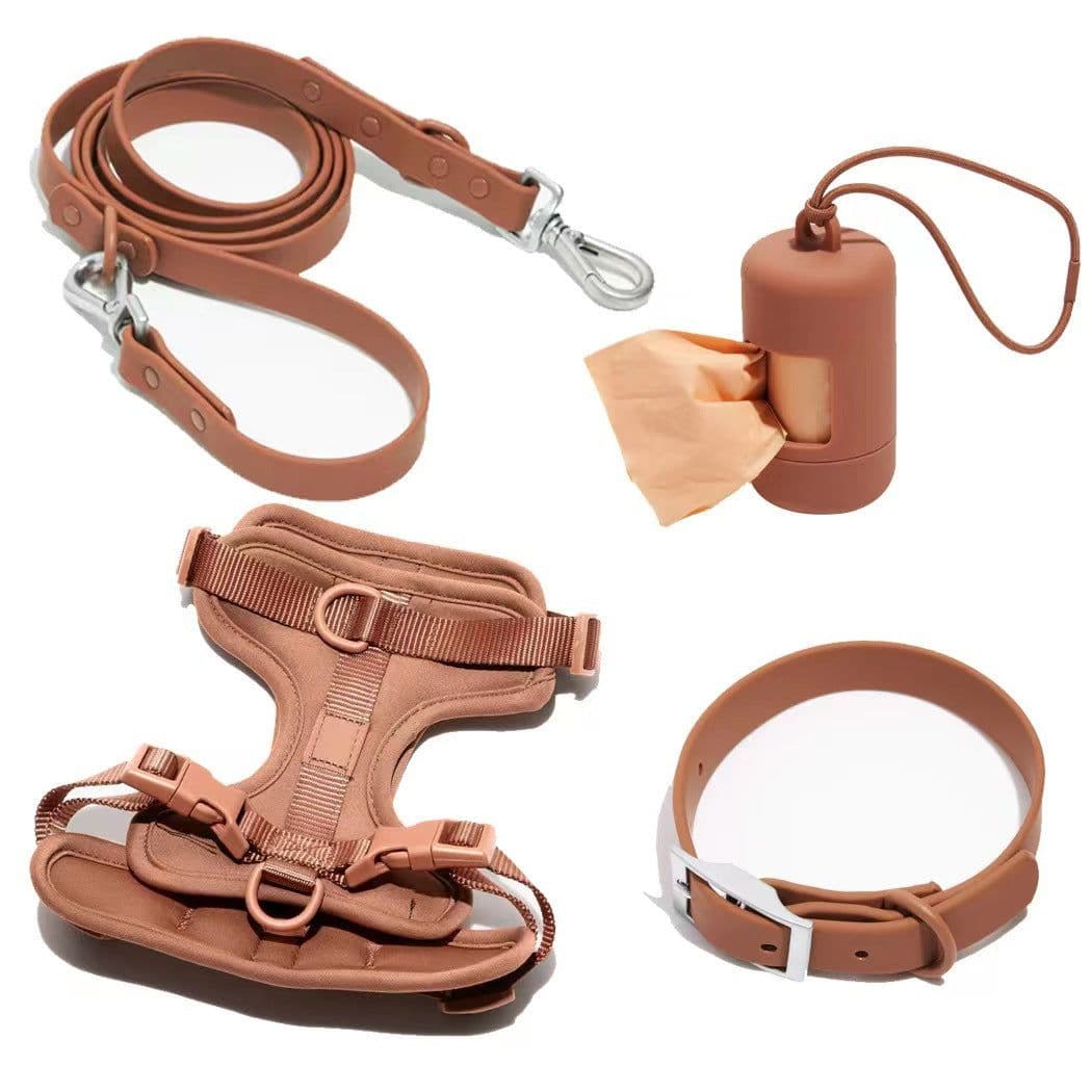 image-Waterproof Dog Harness - PVC Anti-Bite Dog Collar & Leash Brown Set