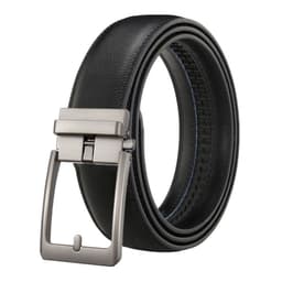 image-Men's Genuine Leather Plaid Snap Belt - Grey, 130cm Automatic Buckle