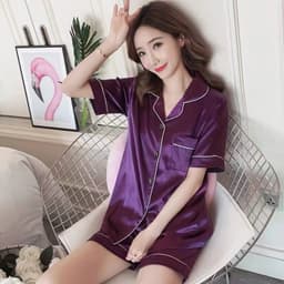 image-Silk Satin Pajamas - Plus Size Short-Sleeved Trousers, 5XL, Double Blue Satin, Comfortable