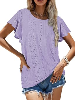 image-Women's Ruffled Sleeve T-Shirt - Sky Blue Hollow Out