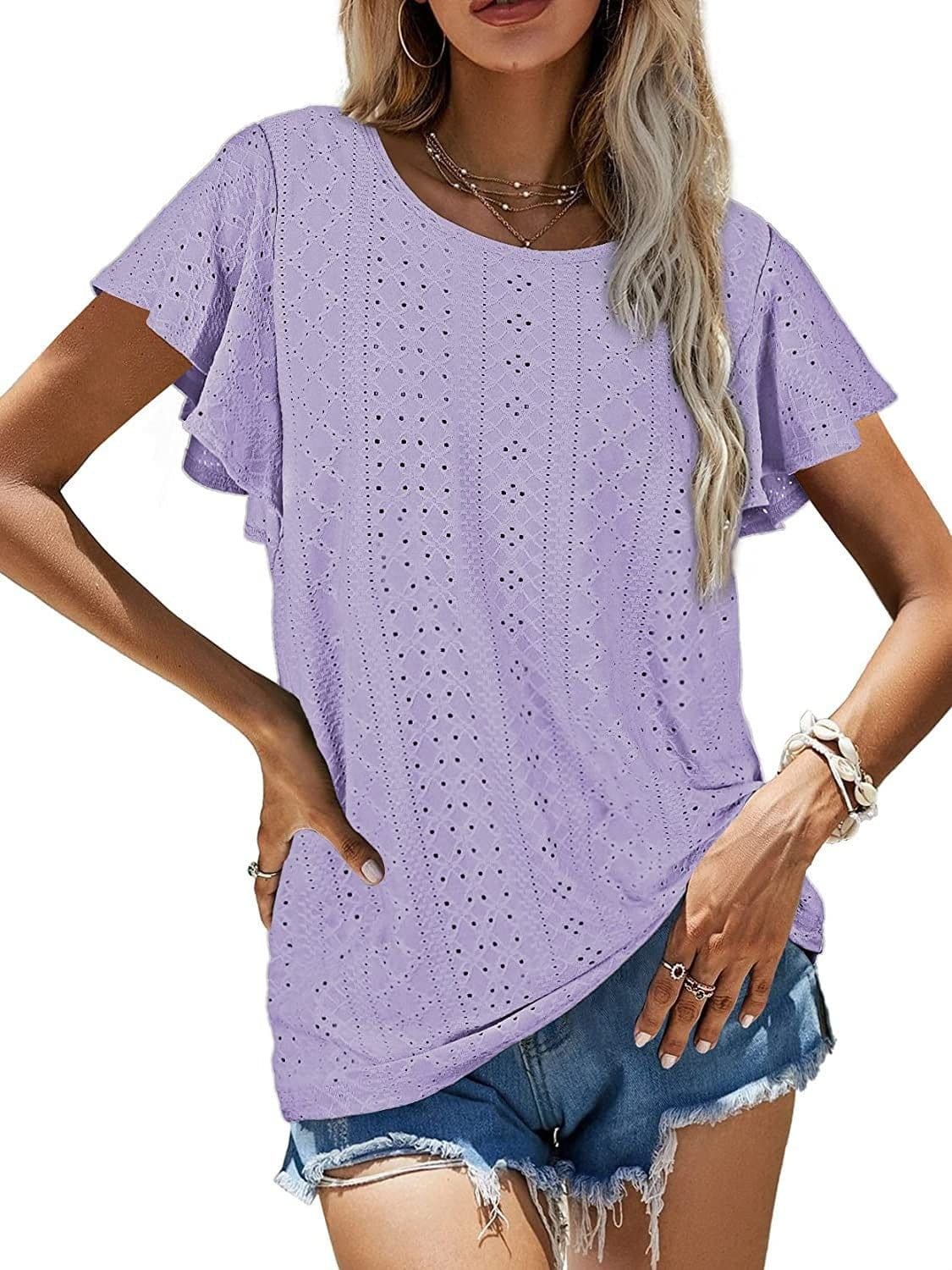 image-Women's Ruffled Sleeve T-Shirt - Sky Blue Hollow Out