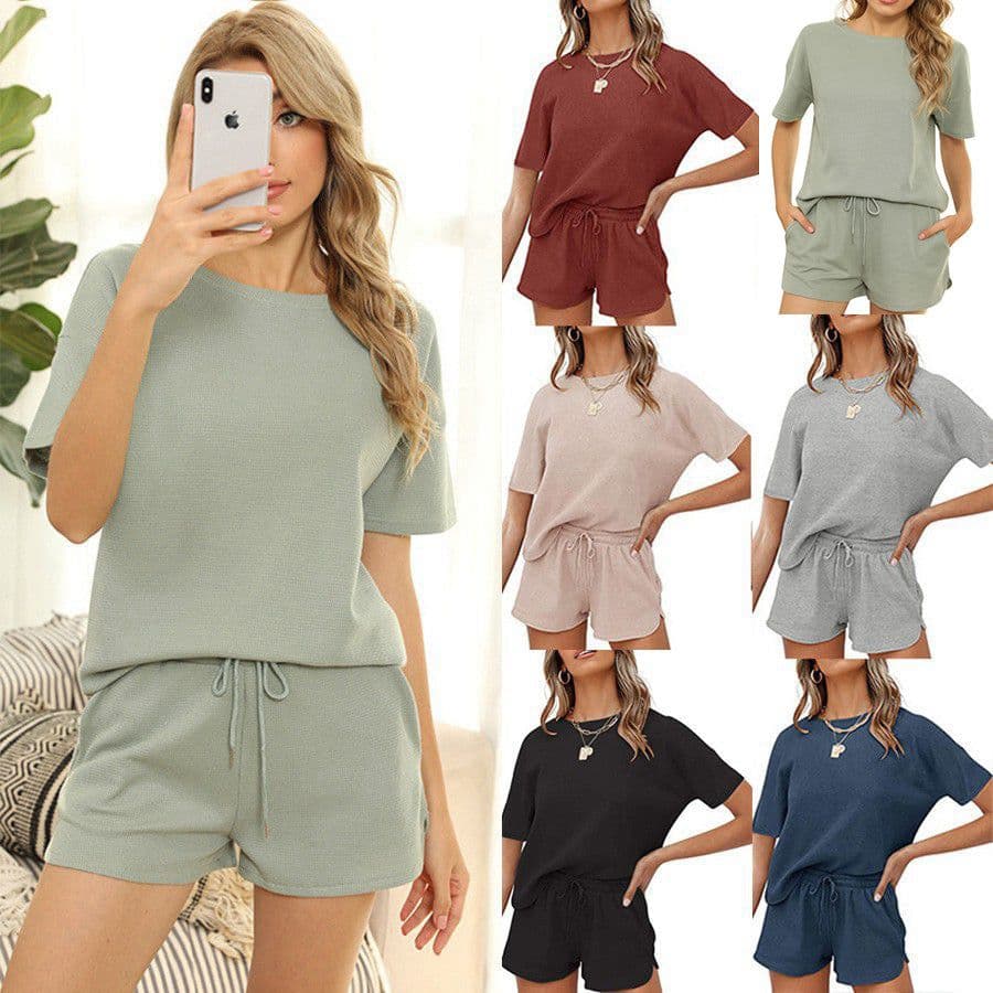 image-Spring/Summer 2023 Retro Casual Waffle Two-Piece Suit - XXL Solid Color