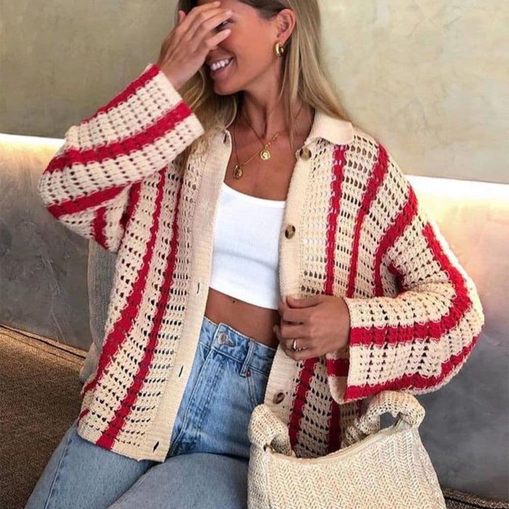 image-Women's Brown Striped Cardigan Set - Long Sleeve