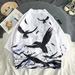 image-A generation of Japanese ukiyo-e Taoist robe sea wave carp kimono male and female couple three-quarter sleeve shirt wholesale