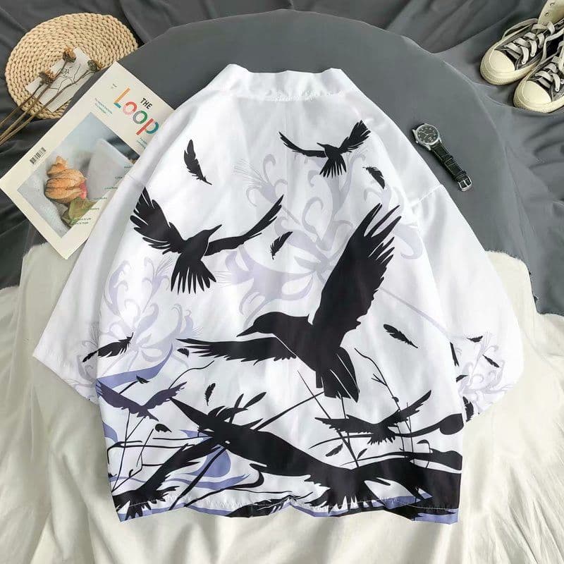 image-A generation of Japanese ukiyo-e Taoist robe sea wave carp kimono male and female couple three-quarter sleeve shirt wholesale