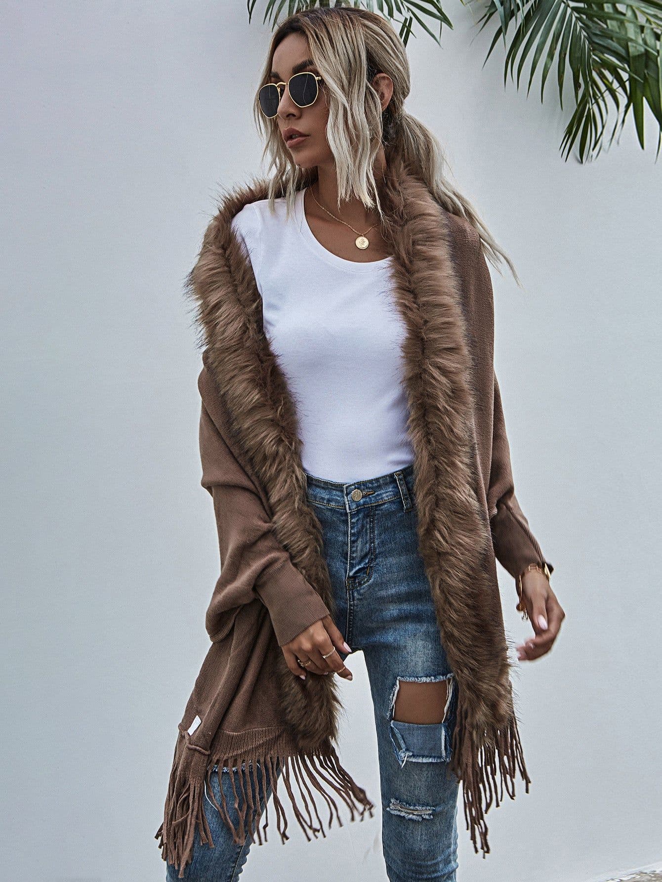 image-Dark Blue Cardigan Sweater Women Fur Collar