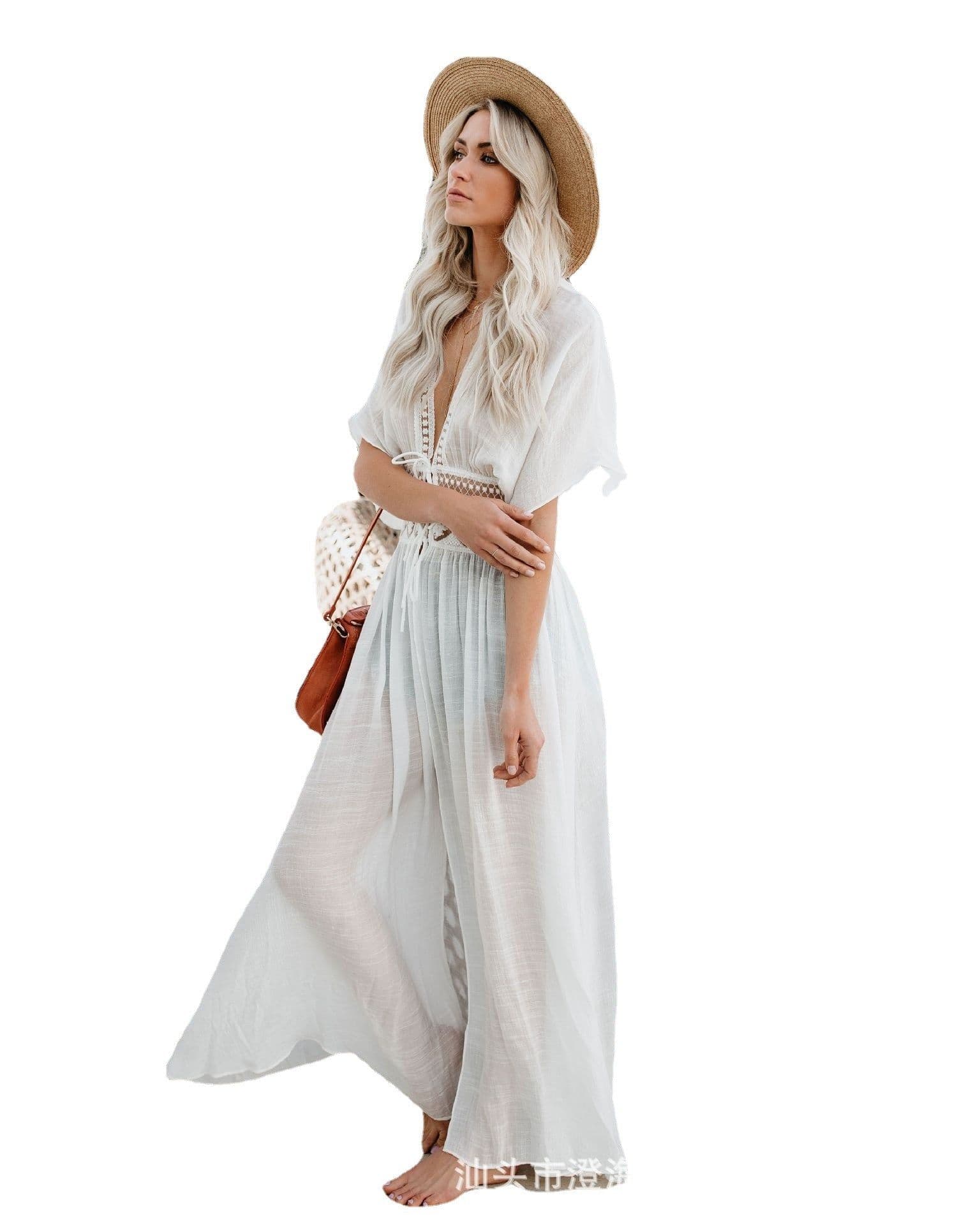 image-Beach Blouse Skirt - Sun Protection, Hollow Waist, One Size, Solid Color