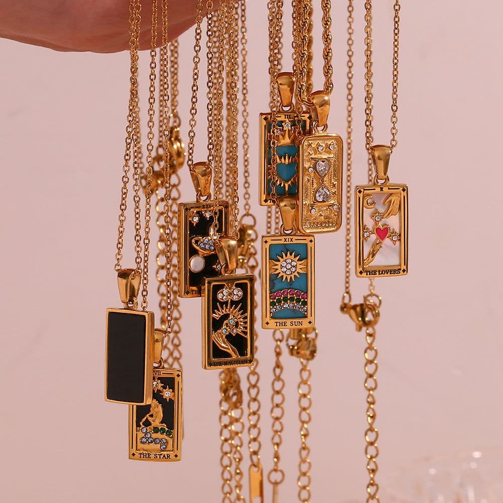 image-European and American ins fashion retro popular hot selling pendant jewelry stainless steel rectangular zircon tarot necklace