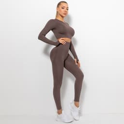 image-Women's High Waist Yoga Pants Two-Piece Set - Peach, XL