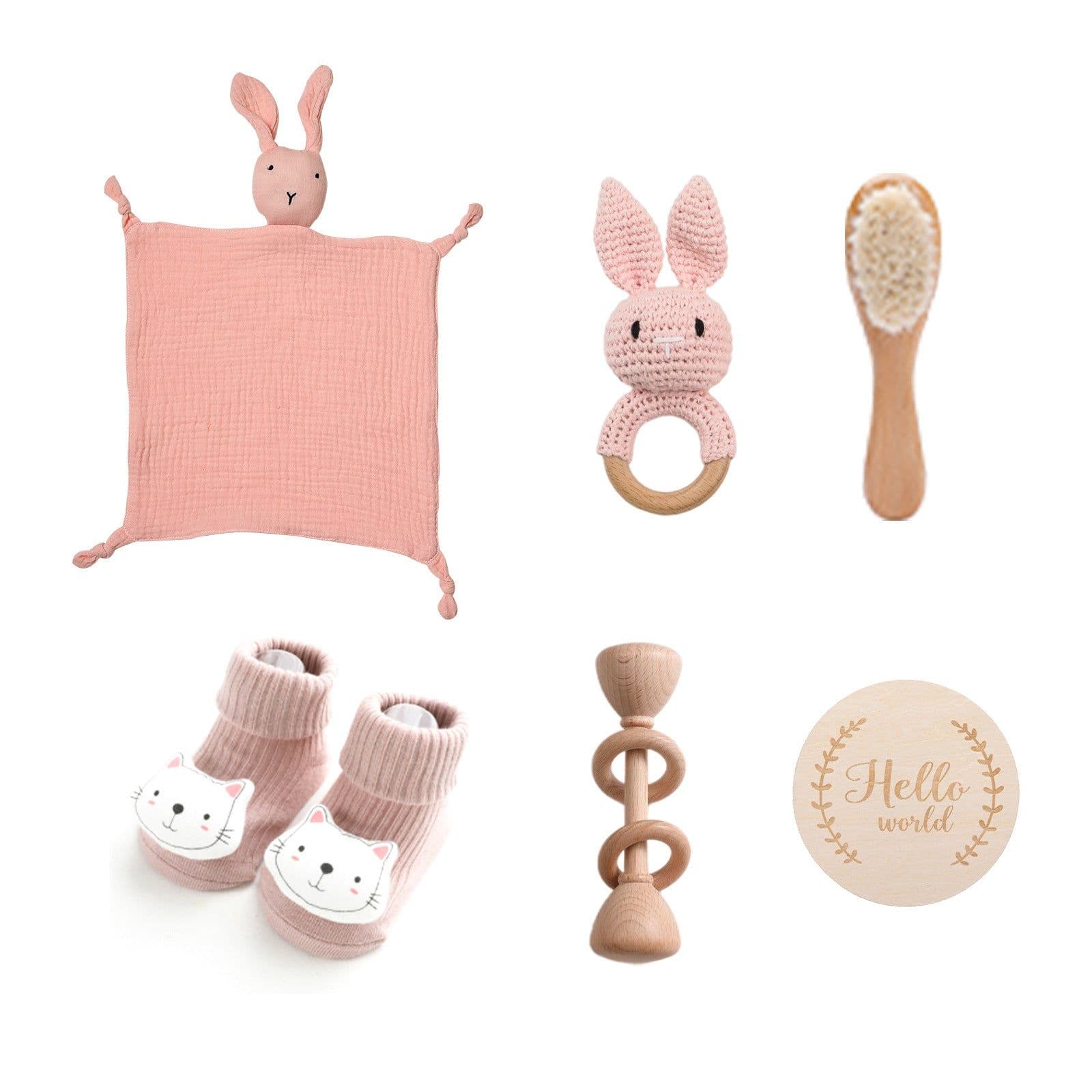 image-Newborn Infant Bath Towel Rattle Gift Set - Wooden Crochet Rattle