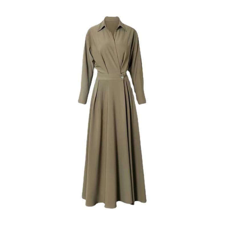 image-Polyester Midi Dress - Orange Long Sleeve POLO Collar