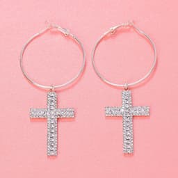 image-Rhinestone Cross Hoop Earrings - Silver Alloy