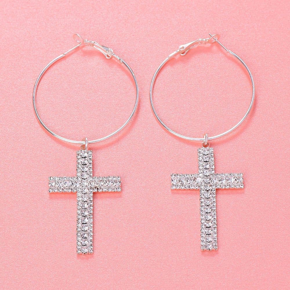 image-Rhinestone Cross Hoop Earrings - Silver Alloy