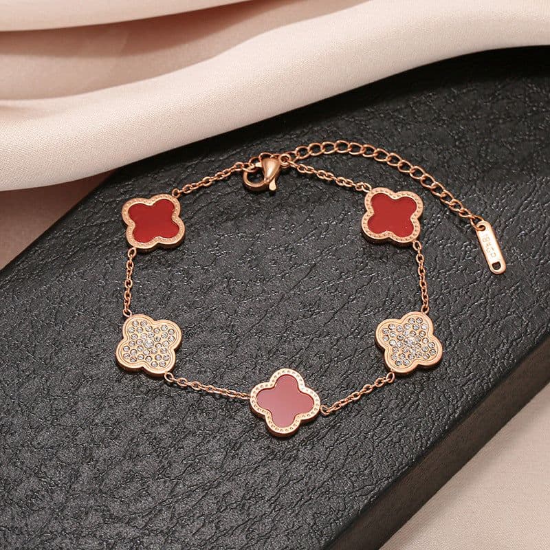 image-Titanium Steel Four-Leaf Clover Bracelet - Black/Red Gold