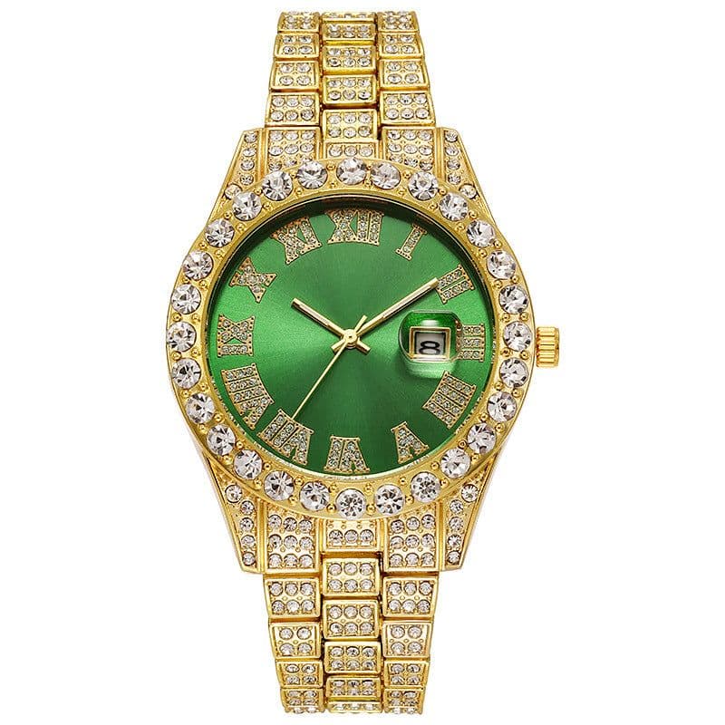 image-Hiphop watch European and American hot style men's steel belt hip-hop Roman scale diamond calendar men's quartz watch
