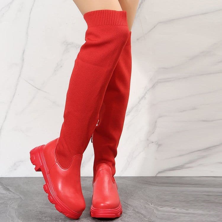 image-Women's Over-the-Knee Fly-Knit Boots - Thick Sole, Large Size, European Style