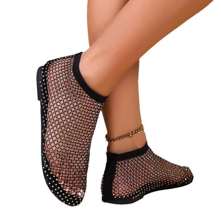 image-Large Size Women's Sandals 2023 Gold Hollow Low Heel Fishnet Flats