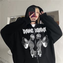 image-Women Skull Wings Hooded Zipper Sweater Velvet Thickened Cardigan Korean Version