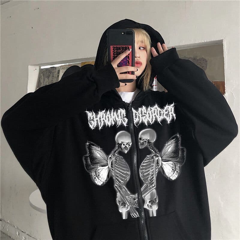 image-Women Skull Wings Hooded Zipper Sweater Velvet Thickened Cardigan Korean Version