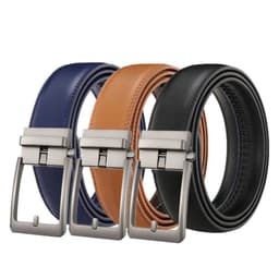 image-Men's Genuine Leather Plaid Snap Belt - Grey, 130cm Automatic Buckle