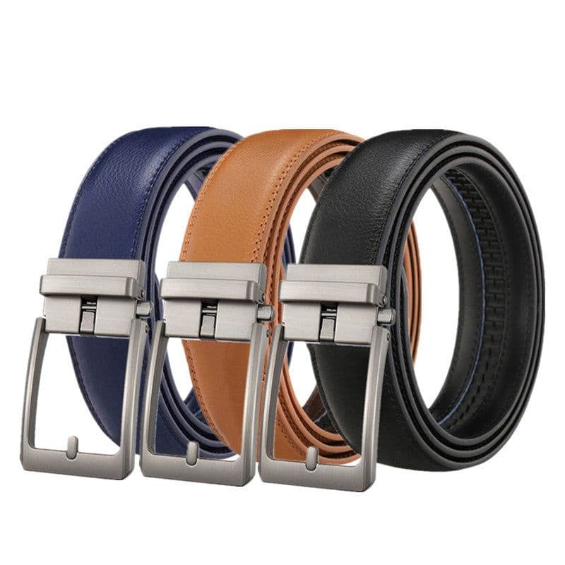 image-Men's Genuine Leather Plaid Snap Belt - Grey, 130cm Automatic Buckle