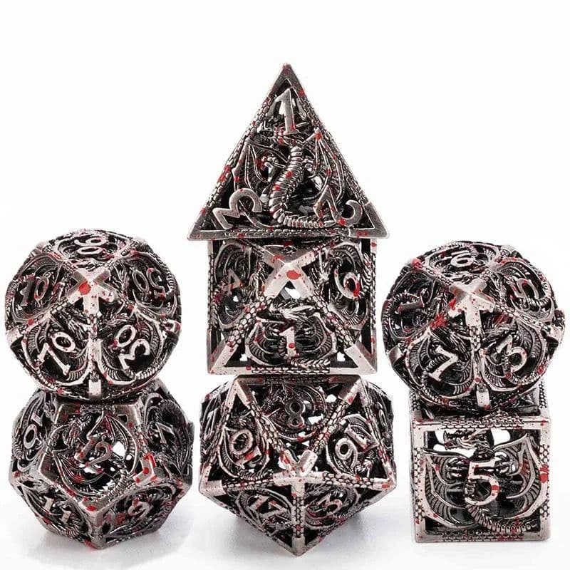 image-Metal D20 Dice - Hollow Dragon Design Green w/ Red Numbers