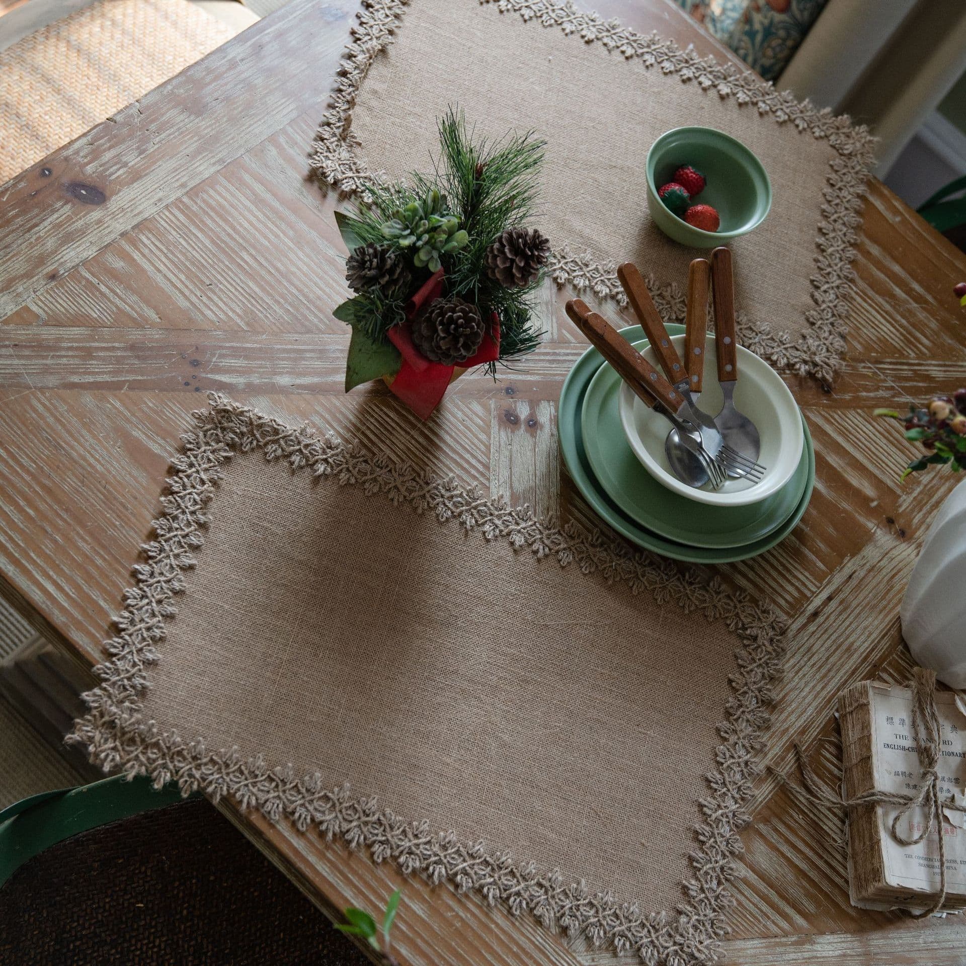image-Yimanqiyun hemp rope placemat red tassel tableware mat woven color matching festival tassel bowl mat factory direct supply