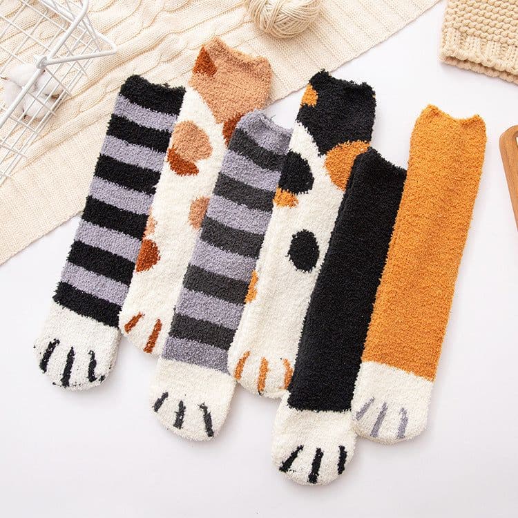 image-Coral Velvet Winter Warm Thickened Cat Socks for Women - Blue Medium Tube