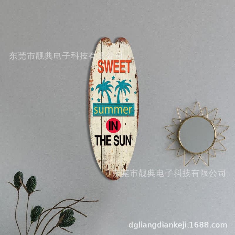 image-Wooden Surfboard Beach Sign - Retro Decor