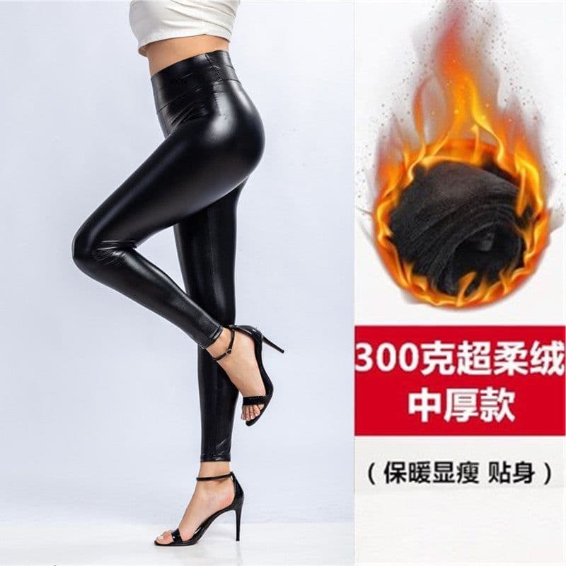 image-PU Leather Women's High Waist Leggings - Slim Fit, Large Size