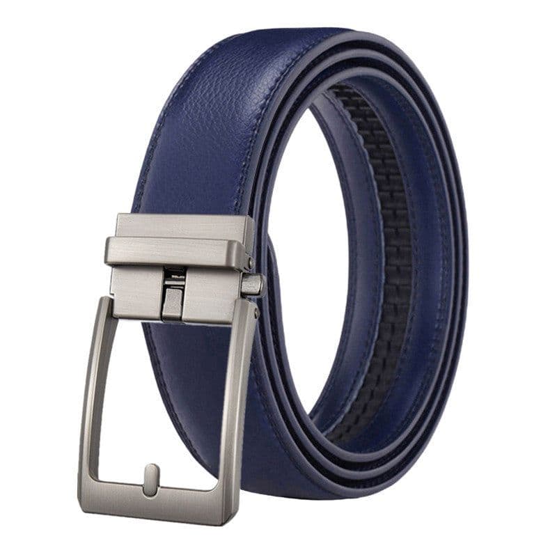 image-Men's Genuine Leather Plaid Snap Belt - Grey, 130cm Automatic Buckle
