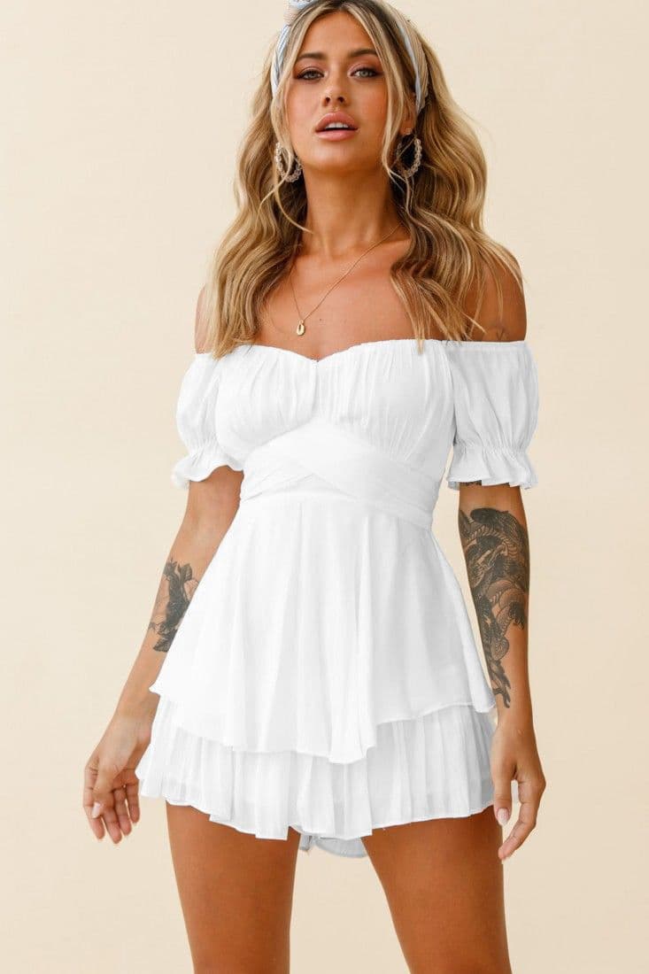 image-Spot wholesale jumpsuit solid color fashion sexy one-word collar lantern lotus leaf sleeve casual summer women's short pants
