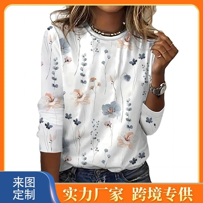 image-Juya 3D Floral Print Long-Sleeve T-Shirt - 6XL Women's Western Style
